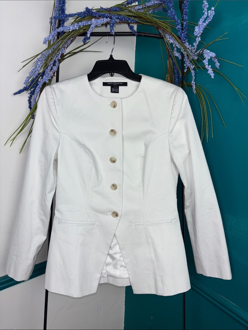 French Connection White Round-Neck Button Jacket